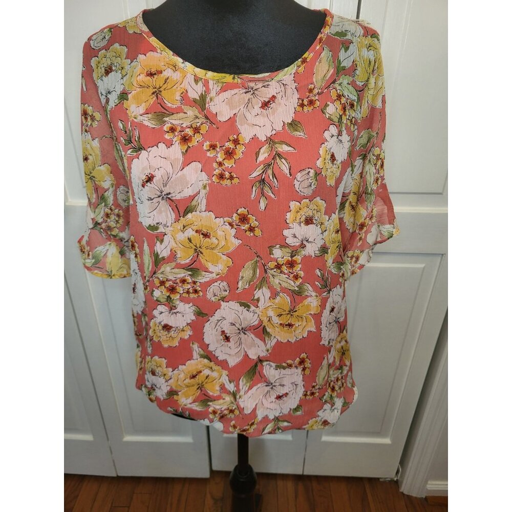 Sarah Michelle Coral Floral Bubble Top M Cold Shoulder Summer Spring Fairy Boho